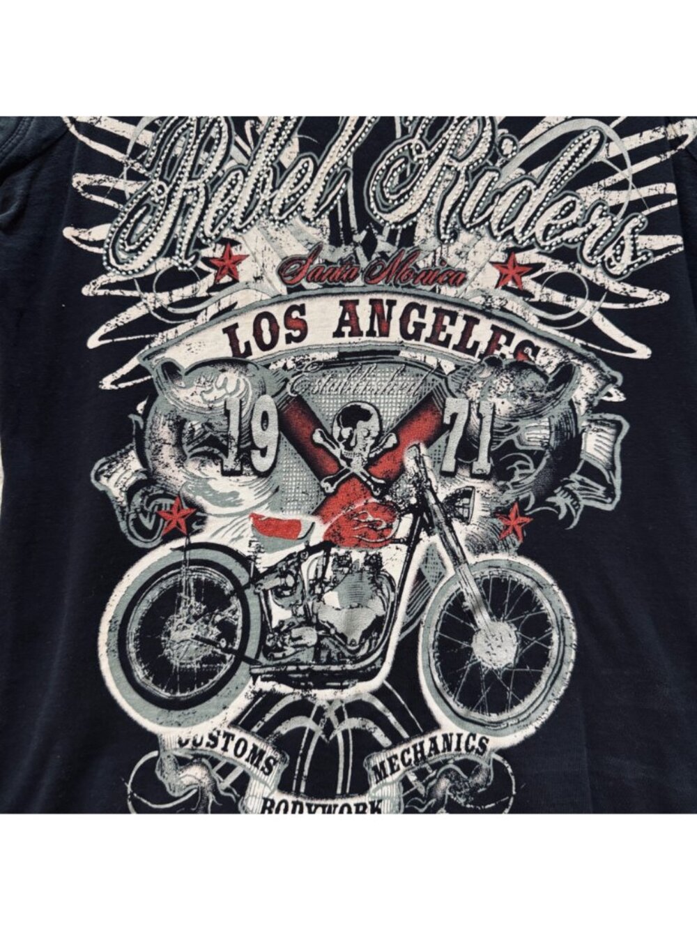 Vintage Black Baby T SMALL Rebel Riders Motorcycle Los Angeles Graphic Sparkle - Picture 5 of 9